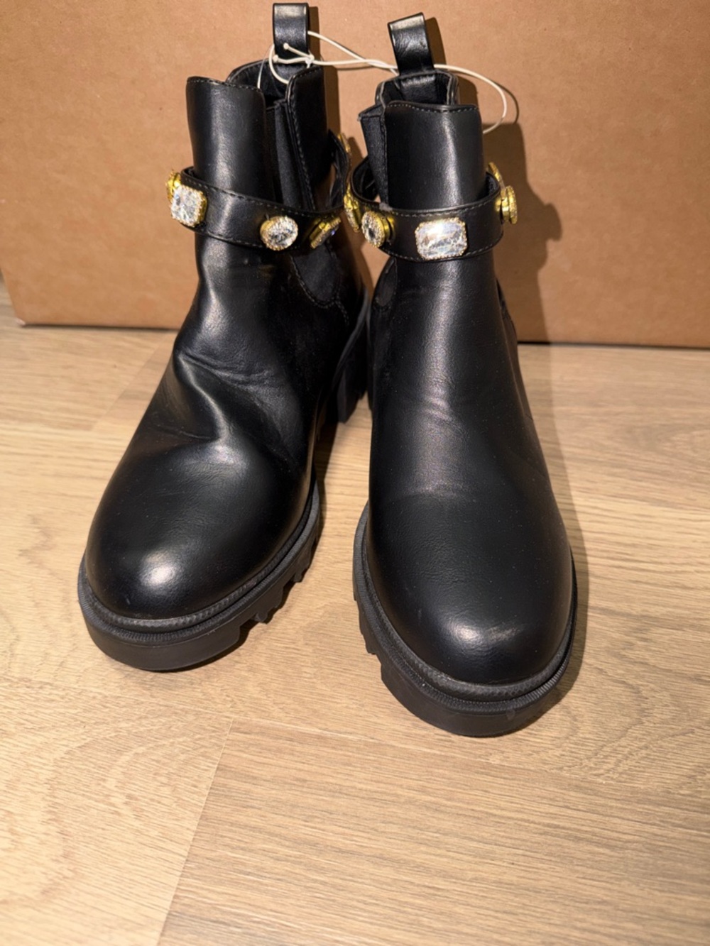 Nicole Miller Women’s Black Leather Ankle Boots with Decorative Gold Accents
